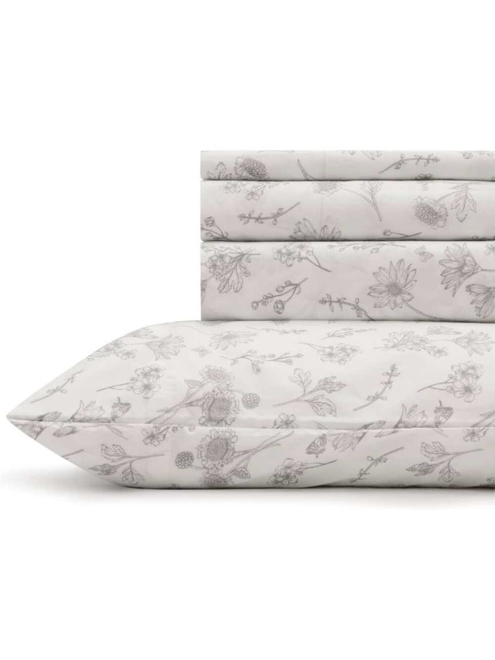 King Size 100% Cotton Printed Percale Sheet Set - Grey Botanical Design